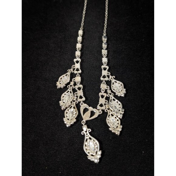 Elegant Silver Rhinestone Heart & Teardrop Dangle Necklace Art Deco 18" - Picture 9 of 10